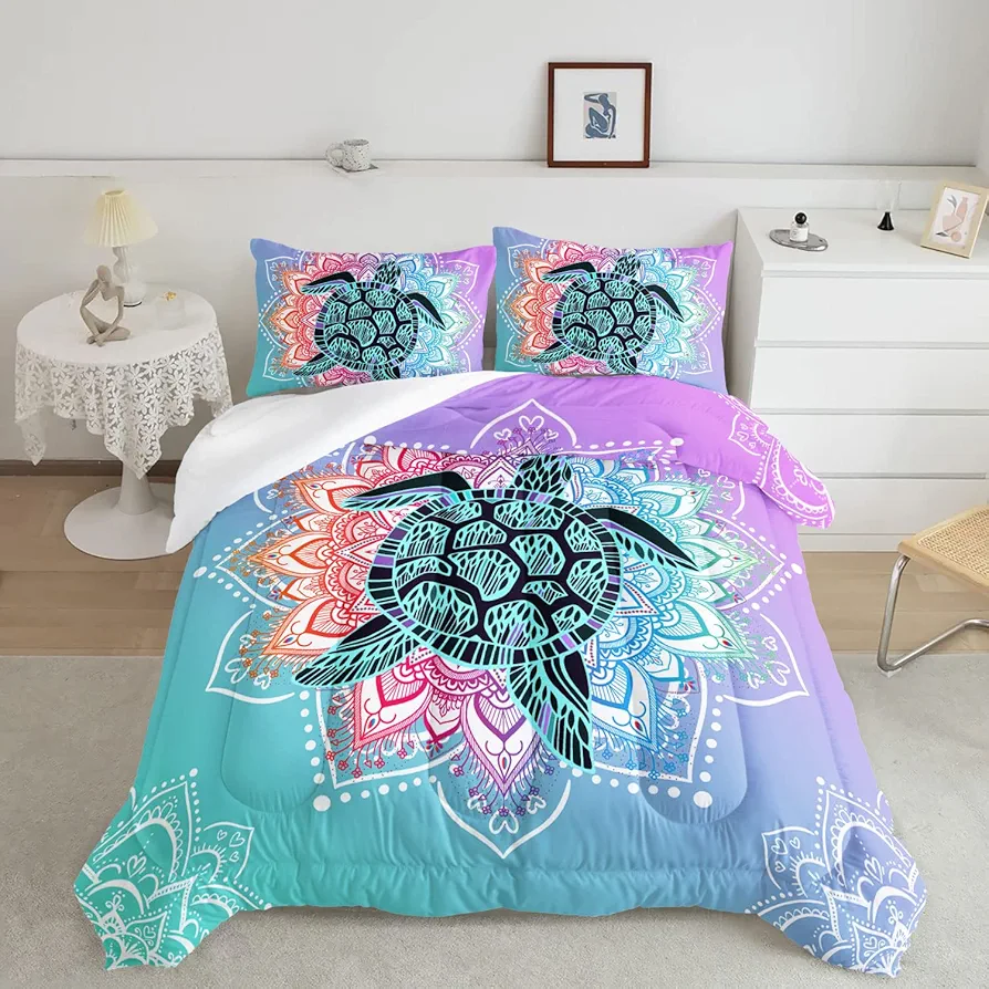 HOSIMA Sea Turtle Comforter,Coastal Beach Themed Comforter Set Queen Size for Kids Teen Girls Boys Room Decor,Mandala Turtle Comforter Bed Set Twin Size with 2 Pillowcases.