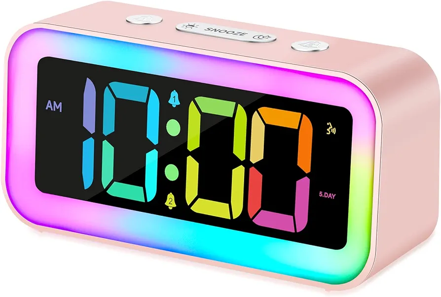 Cadmos Cute Pink Loud Alarm Clock with RGB Night Light - Perfect for Girls Room Decor and Kawaii Gifts, Small Size for Bedside or Desk Lamp in Bedrooms, Ideal for Kids, Teens (Red A)