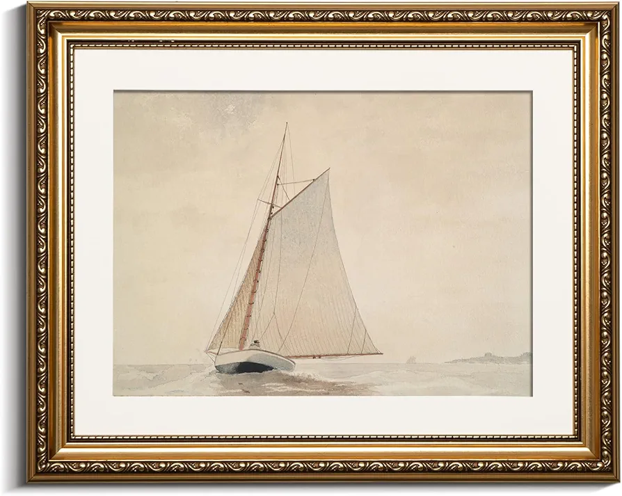 VIYYIEA Gold Framed Large Canvas Wall Art for Living Room,White Sailboat Seascape Watercolor Vintage Painting on Canvas - Coastal Wall Art Prints for Living Room, Office, and Home Decor - 13x16in