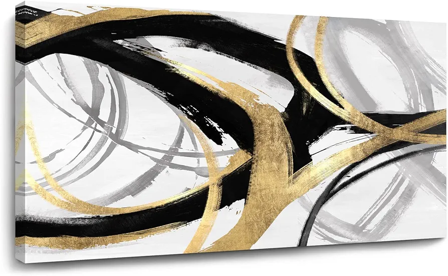 Kureful Gold Abstract Wall Art for Men/Black And White Wall Decor/Large Wall Decor Paintings for Wall Decorations/Gold Artwork Line Pictures for Living Room Dinning Room 30x60 In