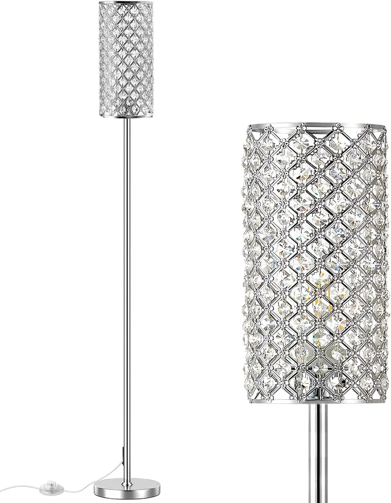 Crystal Floor Lamps - Modern Silver Standing Lamp with 3 CCT LED Bulbs for Elegant Home Decor Living Room and Bedroom Lighting