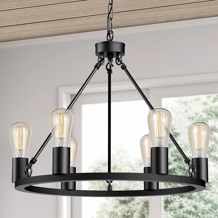 Black Farmhouse Chandeliers for Dining Room, L LOHAS LED 19" Light Fixtures Over Table, 6-Light Wagon Wheel Chandelier, Black Round Rustic Modern Chandelier for Bedroom Island Living Room Kitchen, E26