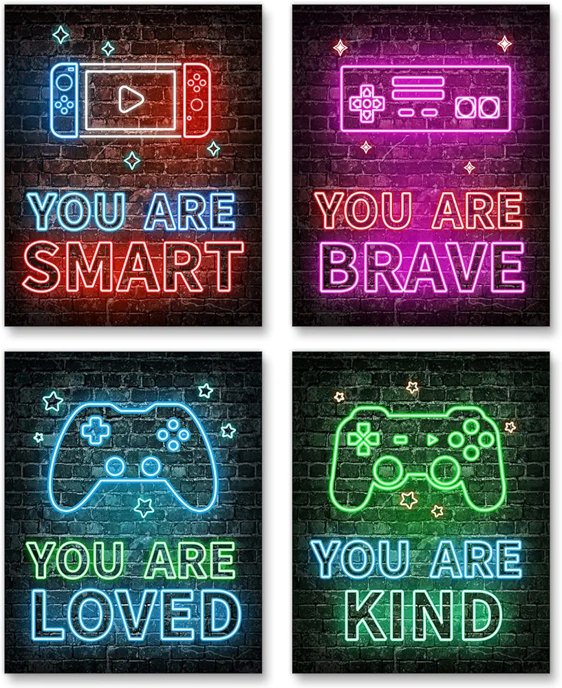 Neon Video Game Decor Set of 4(8"x10"), Boys Room Decorations for Bedroom, Encouragement Gaming Wall Art for Kids Boy Playroom Home Decor, gamer wall art, Teen boy bedroom, No Frames