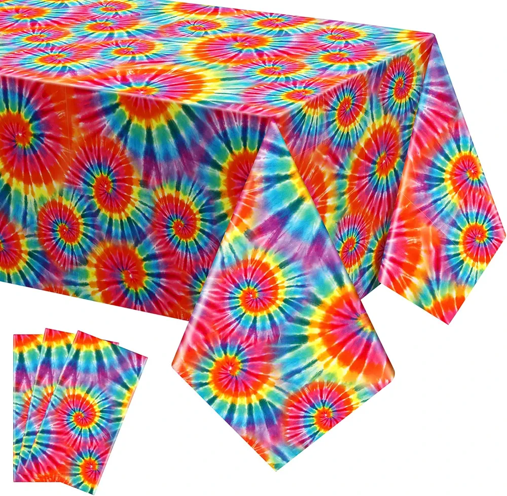 3 Pcs Tie Dye Tablecloth Rainbow Table Cloth 54 x 108 Inches Plastic Rectangle Tie Dye Party Supplies Colorful Disposable Table Cover for Tie Dye Themed Party Birthday Dining Room Kitchen