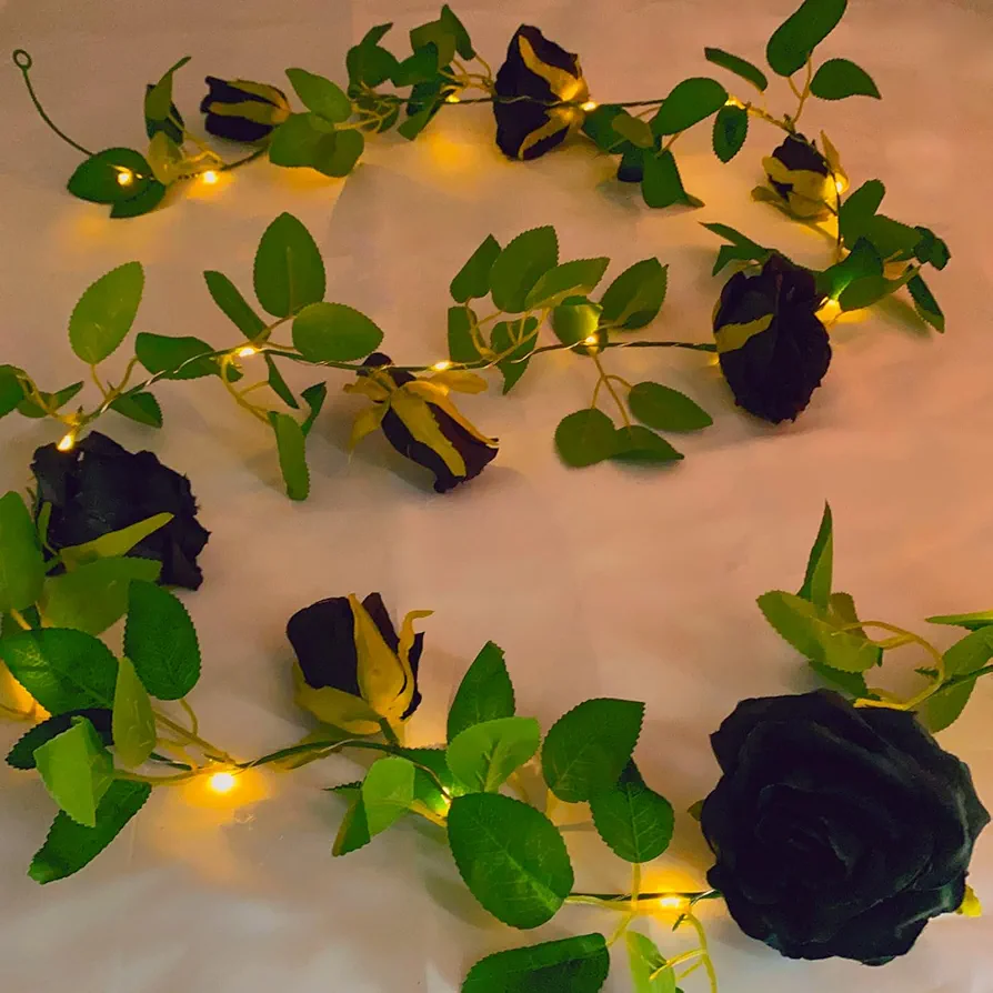 6.56 FT Halloween Artificial Black Rose Vine Lights Fake Floral Garland Wall Decoration Faux Plants Rose Vine with 20 LED Fairy Lights Battery Operated String Lights for Garden Wedding Decor