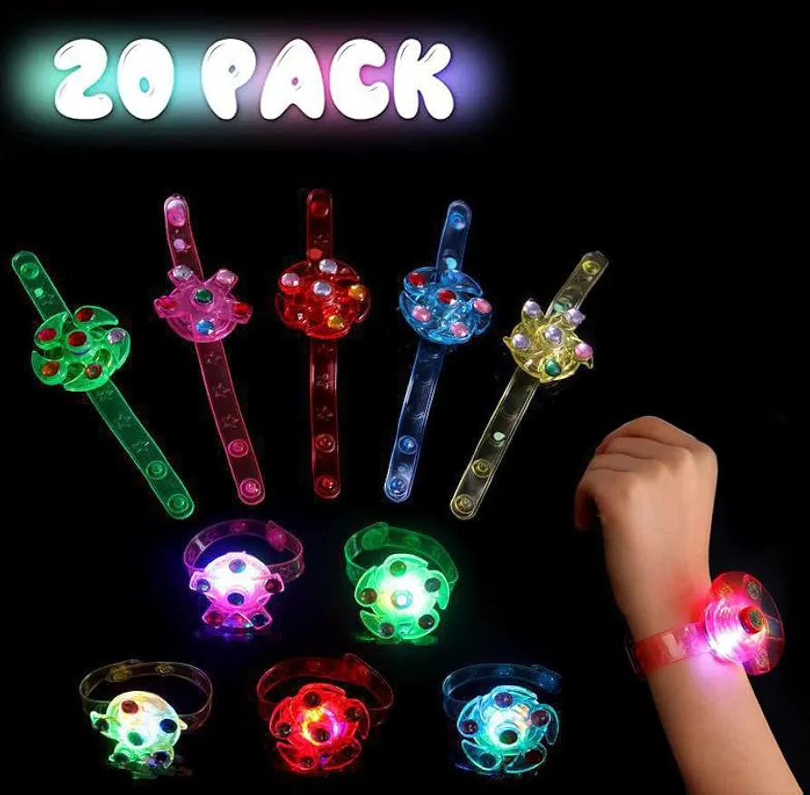 20 Pack LED Light Up Fidget Spinner Bracelets - Glow in The Dark Party Supplies for Kids 4-8 8-12, Birthday Gifts, Treasure Box Toys for Classroom, Carnival Prizes, Pinata Goodie Bags Stuffers