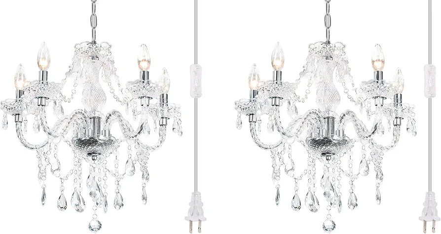 2PCS Plug-in 5 Light Crystal Hanging Pendant Lights Acrylic Chandelier with Clear Cord & On/Off Switch H19 D19.7 for Kitchen Island Girls' Room Dining Area Laundry Pavilion