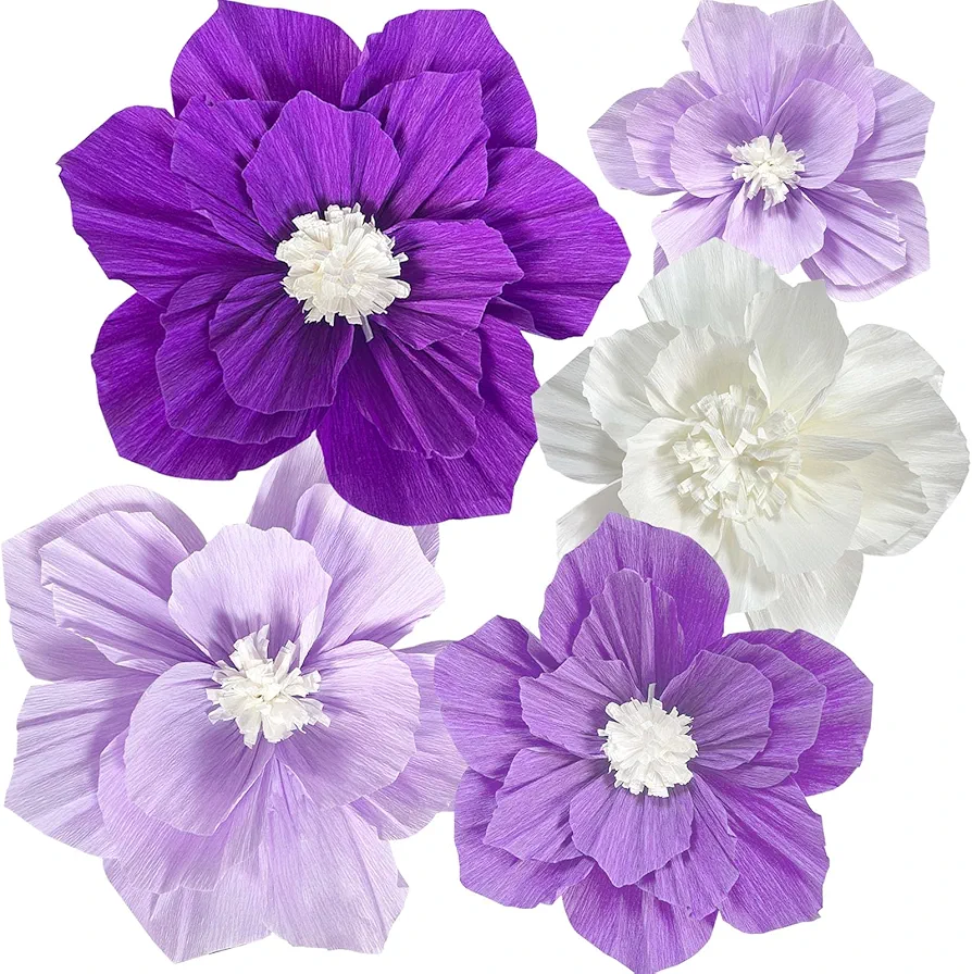 ANSOMO Purple Paper Flowers Artificial 3D Wall Décor Wedding Birthday Bridal Baby Shower Violet Lavender Light Dark Purple White Lilac Nursery Room Backdrop Centerpieces Girls Women Party Decorations