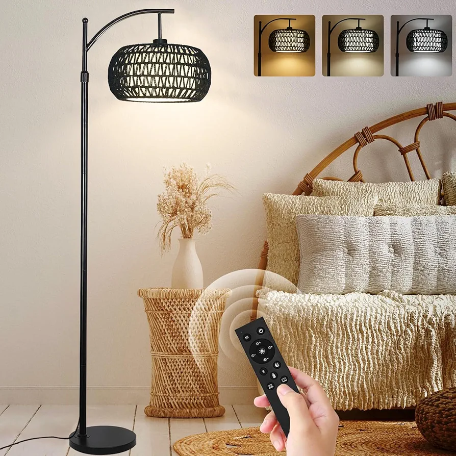 Arc Floor Lamp with 3 Color Temperatures, Dimmable LED Black Floor Lamp with Remote Control, Boho Standing Lamp with Rattan Wicker Shades, Farmhouse Tall Pole Lamp for Living Room Bedroom