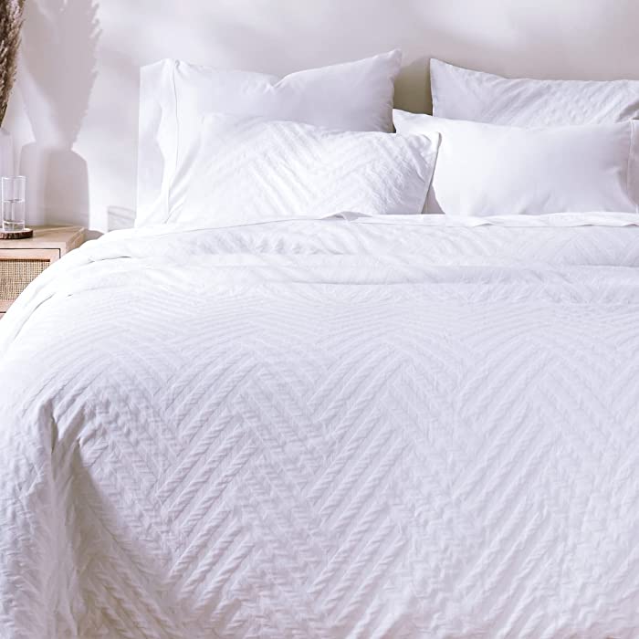 Duvet Cover Queen, 100% Cotton 3 Piece Duvet Cover & Sham Set Soft Textured White Duvet Cover 92" x 90" Fits Queen & Full Size Duvet (Geo Matelassé)