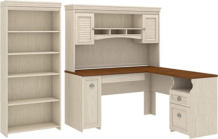 Bush Furniture Fairview L Shaped Desk with Hutch and 5 Shelf Bookcase in Antique White