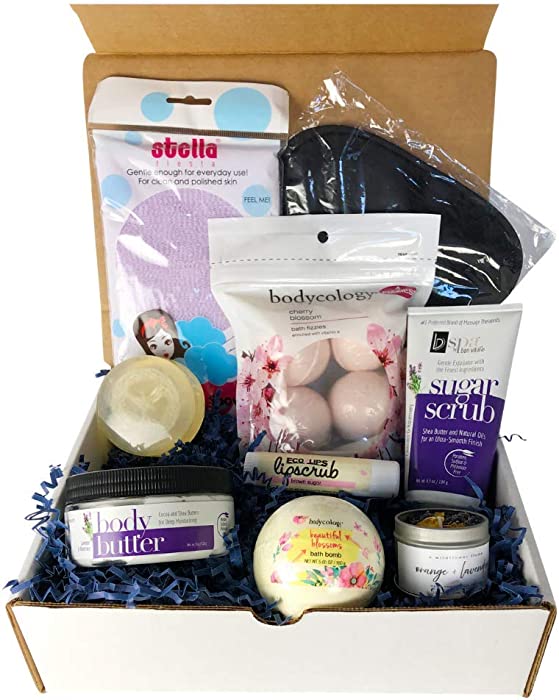 SPA Baskets for Women Gift Box Set 9 Piece Gift Basket with Bath Bombs, Soy Candle, Lip Scrub, Body Scrub, and more! Selfcare Gift Box for Women