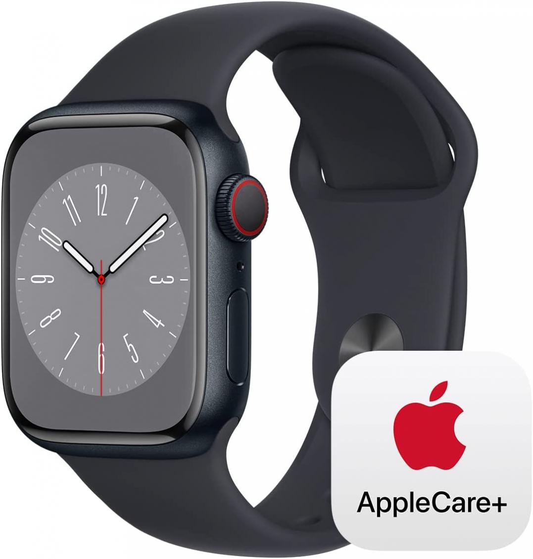 Apple Watch Series 8 [GPS + Cellular 41mm] Smart Watch w/ Midnight Aluminum Case with Midnight Sport Band - S/M with AppleCare+ (2 Years)