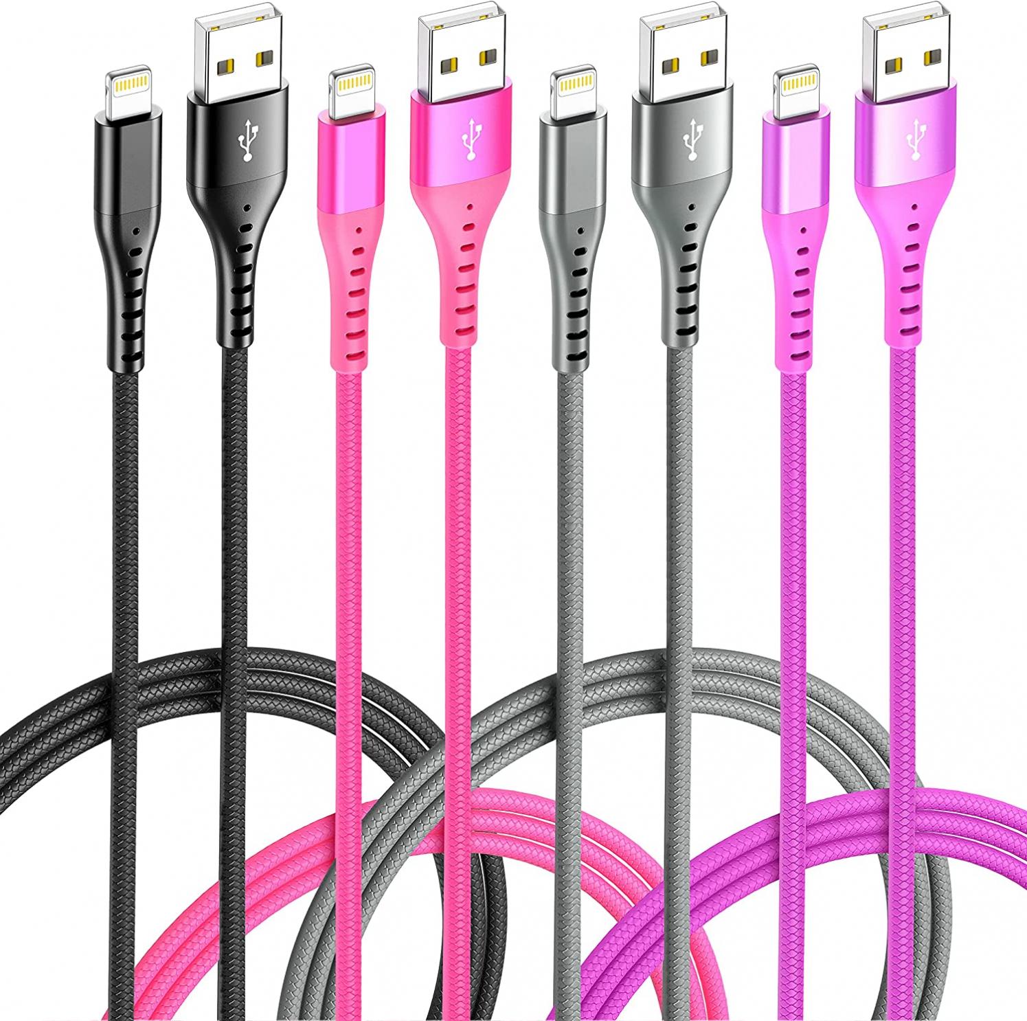 4Colored iPhone Charger Lightning Cable Rapid Cord [4-Pack 6/6/6/6ft] Apple MFi Certified Long USB Charging Cord for Apple Charger, iPhone 12/11Pro/11/XS MAX/XR/X/8/7/6/6S/Plus, iPad Pro/Air/Mini