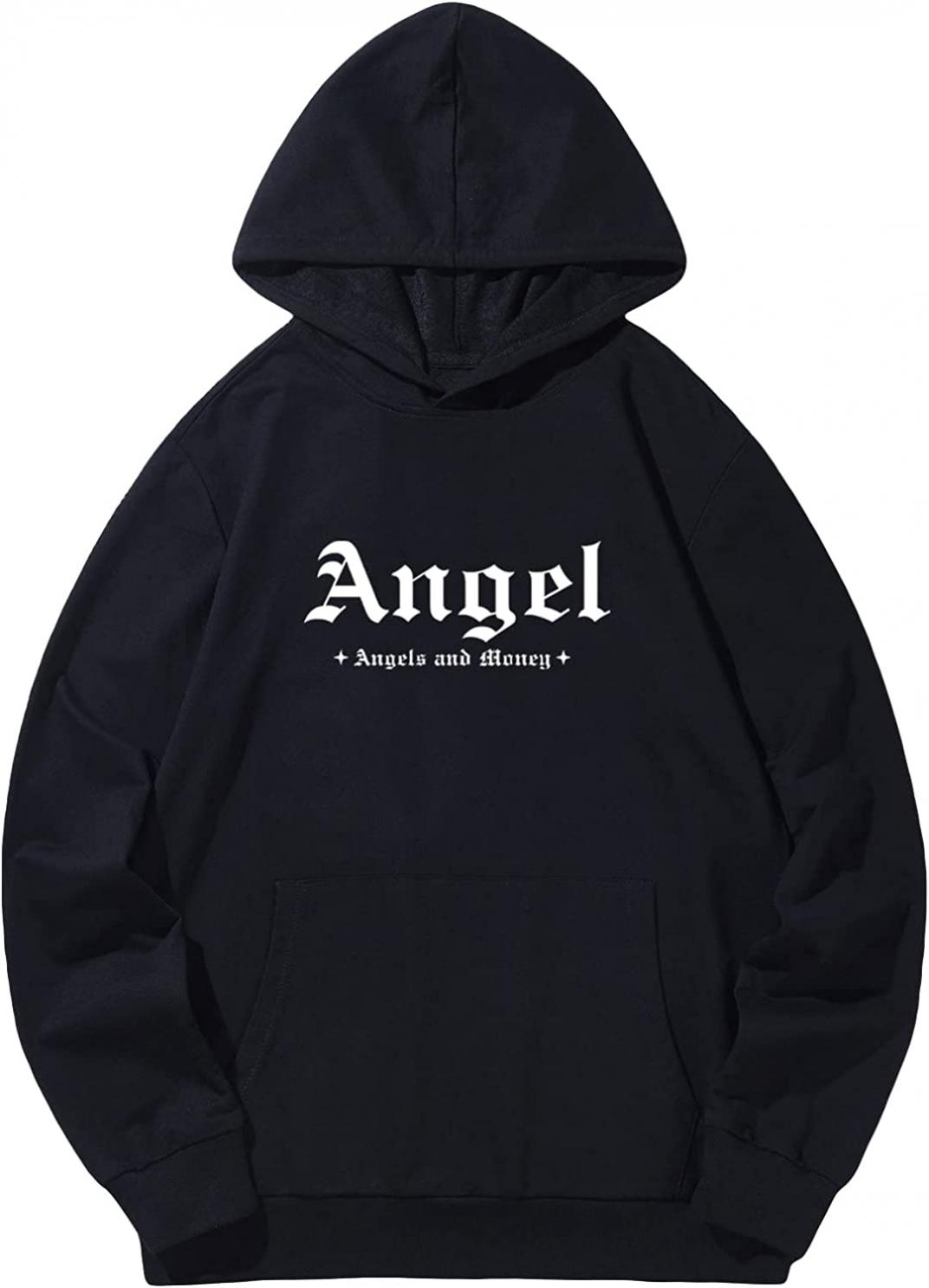 WDIRARA Men's Angel Letter Graphic Print Long Sleeve Hoodie Sweatshirt Tops Pullovers