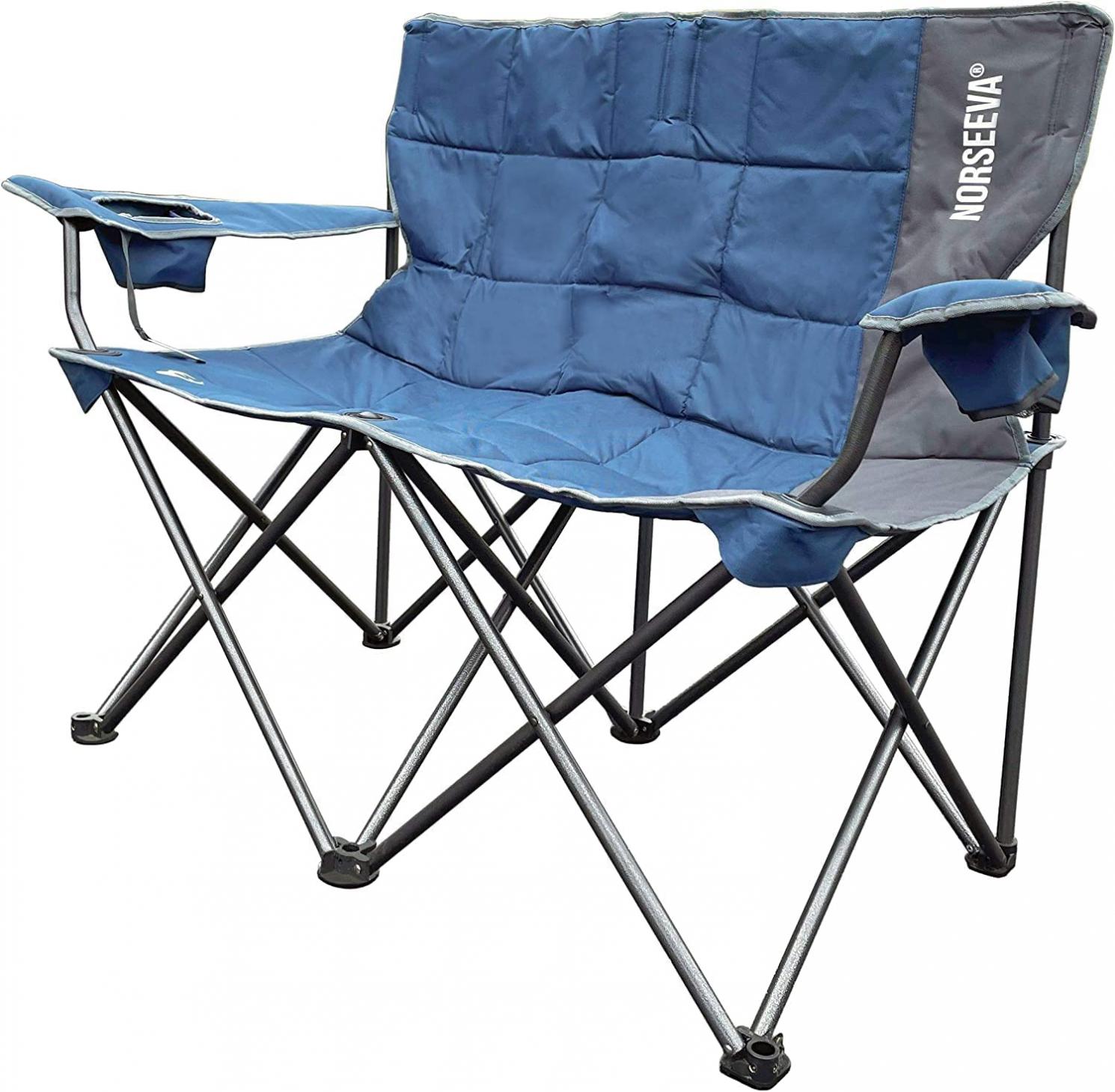 NORSEEVA Heavy Duty Loveseat Double Camping Chair - Two Person Outdoor Folding Chairs with Bottle Opener for Camping, Beach, Adults, and Kids. Padded Wide Camp Couch (Ocean Blue and Charcoal)