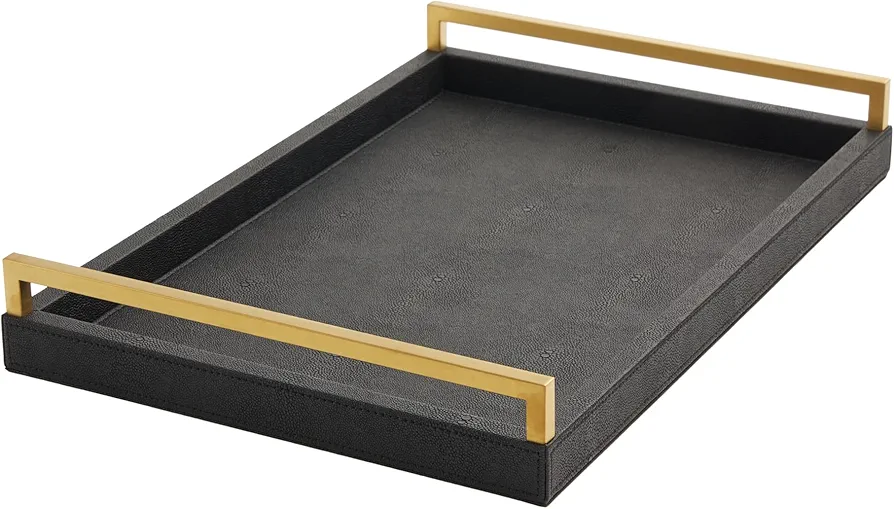 Sagala 18"" Black Wood Large Serving Tray with Brushed Gold Handles, Shagreen Leather Home Decorative Tray Coffee Table Tray Big Ottoman Tray for Modern Living Room, (Black)