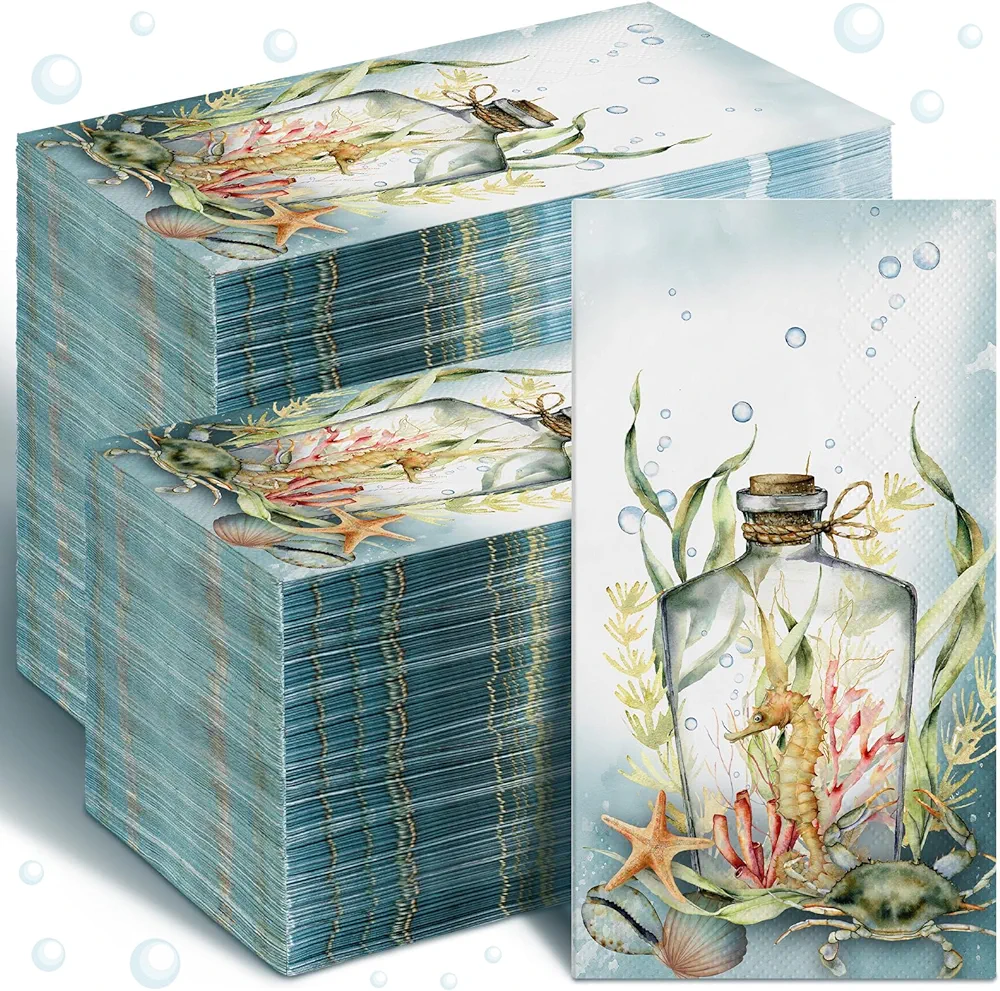 200 Pcs Disposable Hand Towels for Bathroom Paper Guest Napkins Floral Guest Towels Paper Napkins Paper Towels Disposable Guest Napkins for Bathroom Wedding (Seahorse)