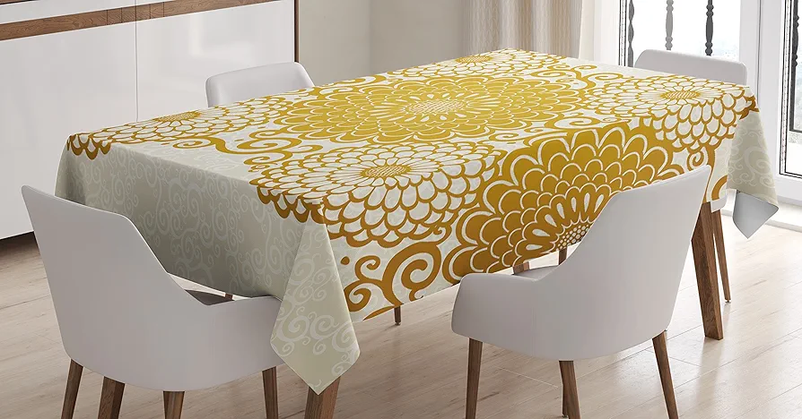 Ambesonne Mandala Tablecloth, Border with Large Flowers and Curls Chrysanthemums Peonies Rococo Style, Dining Room Kitchen Rectangular Table Cover, 60" X 84", Eggshell Yellow