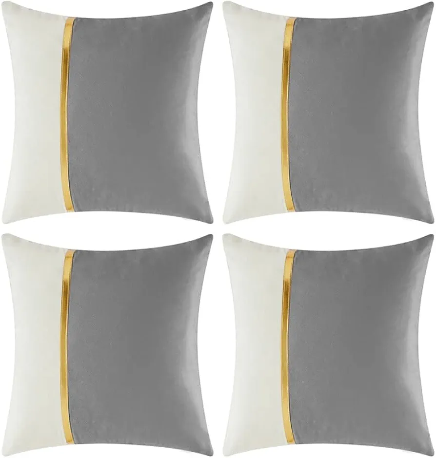 Fancy Homi 4 Packs Grey Decorative Throw Pillow Covers 18x18 Inch for Living Room Couch Bed Sofa, Gray and White Velvet Patchwork with Gold Leather, Luxury Home Decor Square Cushion Case 45x45 cm