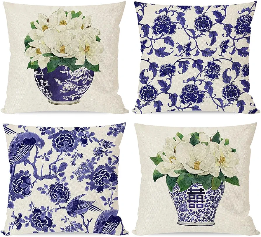 Chinoiserie Pillow Covers 18x18 Inch Blue and White Grand Millenial Outdoor Floral Vase Porcelain Decorations Decorative Throw Pillows Cases Cushion Covers Set of 4 for Home Room Couch Decor