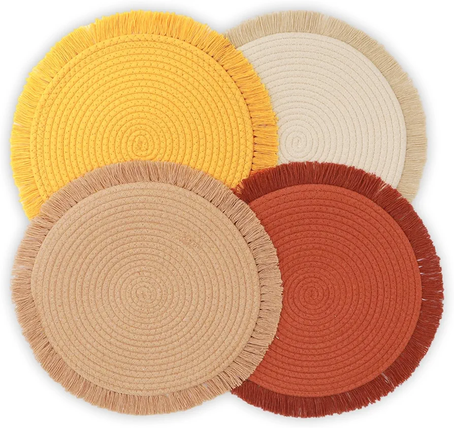 Round Cotton Placemats Set of 4 Table Mats Woven Washable Table Placemat for for Dining Tables 14 Inch Heat Resistant Table Mats Farmhouse Place mats for Fall Thanksgiving Decorations (A-Cotton)