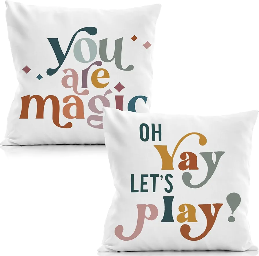 Boho Kids Nursery Pillow Covers 18x18 Set of 2 - Kids Playroom Decor, Kids Room Decor for Girls Boys, Baby Boy Girl Nursery Decor, Kids Throw Pillow Covers, Let's Play You are Magic