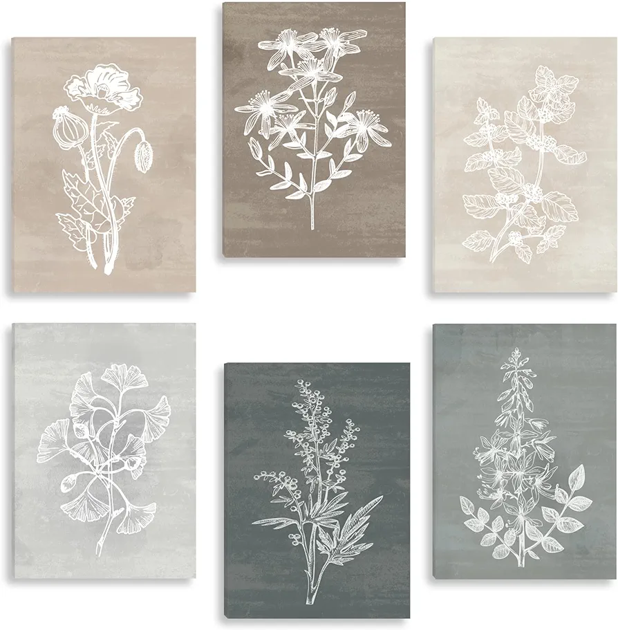 BINCUE Neutral Botanical Plant Canvas 6 Pieces Rustic Farmhouse Wall Art for Living Room Bedroom and Bathroom,Canvas Paintings Print Set Decor 12"x 16"