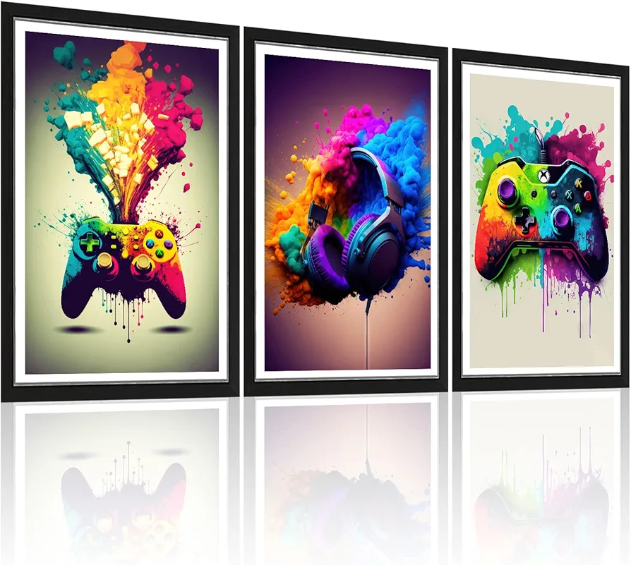 Game Room Decorative Wall Art Color Video Game Handle Earphone Graffiti Theme Poster Neon Light Poster Print Picture Children Youth Art Game Machine Boys Bedroom Home 12 x16 inchX 3 Piece Set Unframed