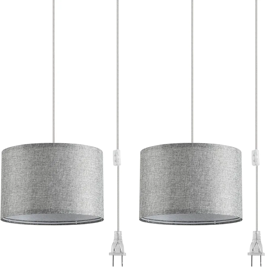 2 Pack Plug in Pendant Light, Hanging Light with 15Ft Clear Cord, On/Off Switch, Grey Fabric Lamp Shade, Hanging Light Fixture for Bedroom, Kitchen, Living Room, Dining Table