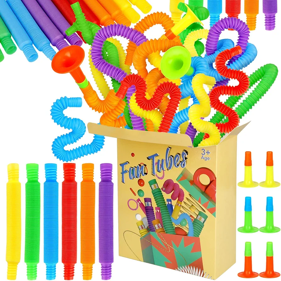 Pop Tubes 54 Pack Fidget Sensory Toys, Party Favors for Kids and Adults (48Pcs Color Tubes+6Pcs Small Trumpet) Christmas Stocking Stuffers Gifts for Boys Girls, Stress Relief Classroom Toy