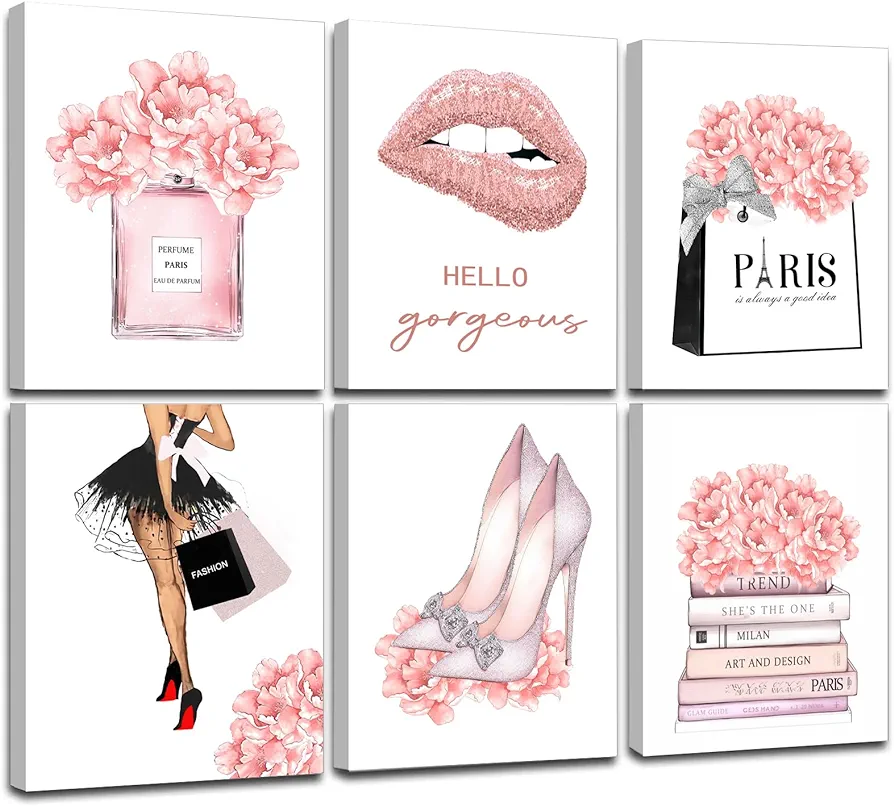 FRAMED Pink Makeup Room Canvas Wall Art, Fashion Woman Picture Wall Decor Paintings, Watercolor Perfume High Heels Lipstick Beauty Room Decor Pictures Arts for Girls Women Room Decor, (Set of 6, 8x10 in, Framed)