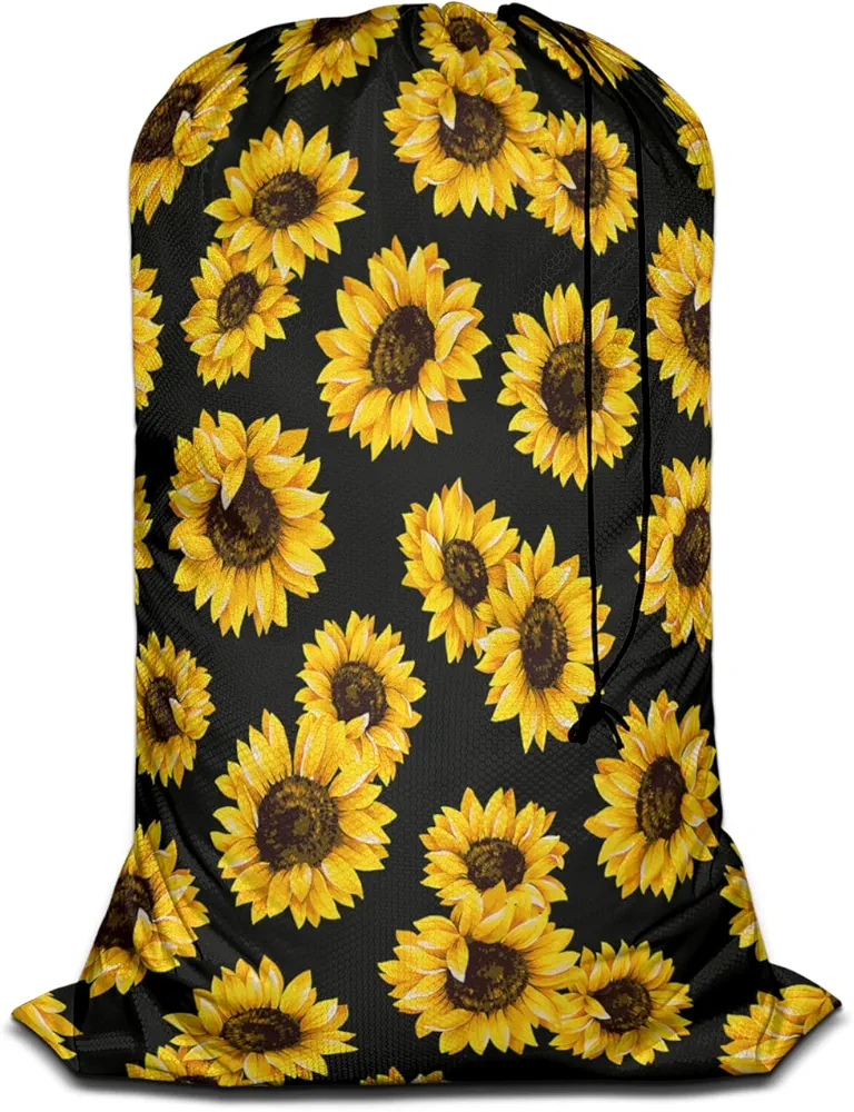 Swono Sunflowers Large Capacity Laundry Hamper Basket Classic Floral Leaf Romantic Bouquet Blossom Storage Baskets for Bedroom, Bathroom, Dorm, Washing Room, Machine Washable, Black Yellow