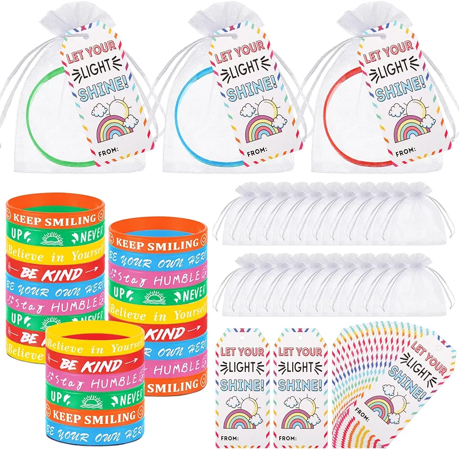 Liliful 72 Pcs Motivational Wristbands Gifts Set for Students, Back to School Gifts Colored Inspirational Silicone Bracelets with Inspirational Cards Organza Bags Classroom Gifts Goodie Bag Fillers