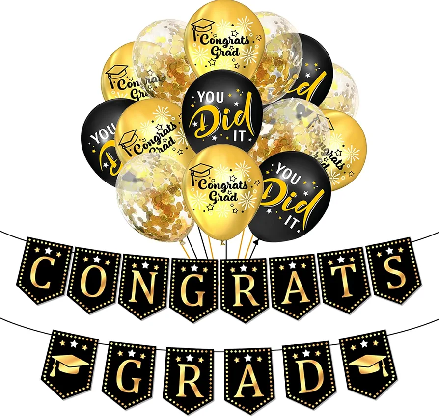 Congrats Grad Banner Black and Gold, 2024 Graduation banner Graduate Sign for Classroom Decorations