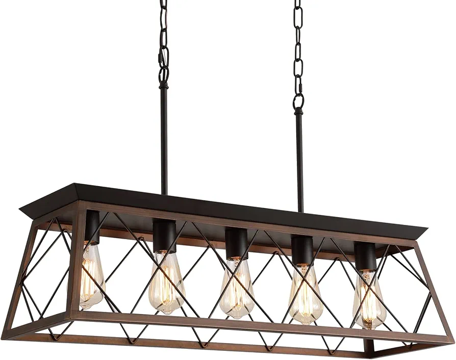 Q&S Farmhouse Rustic Chandelier Light Fixtures Bronze 5 lights Linear Rectangular Chandelier Pendant Light Fixtures for Dining Room Kitchen Island Pool Bar Office Living Room Entryway UL Listed