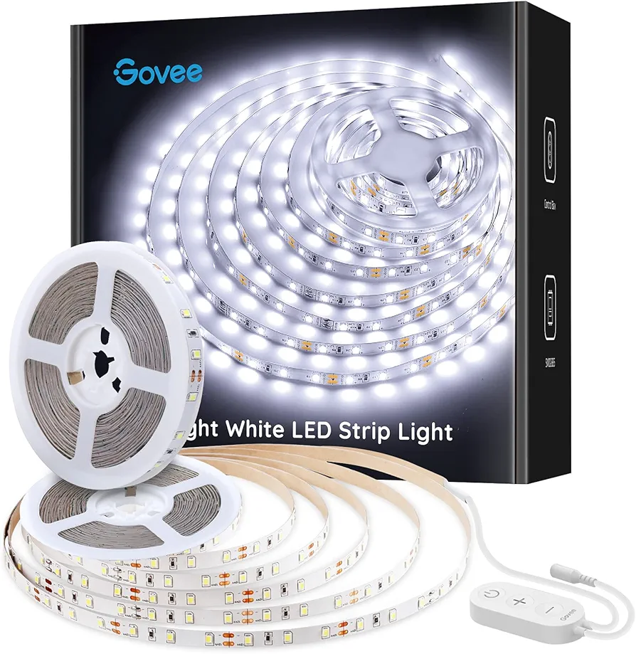 Govee 32.8ft White LED Strip Lights, 6500K Dimmable LED Light Strip with Control Box, Bright 600 LEDs, Daylight White Lights for Mirror, Under Cabinet, Living Room, Study, Wardrobe, 2 Rolls of 16.4ft