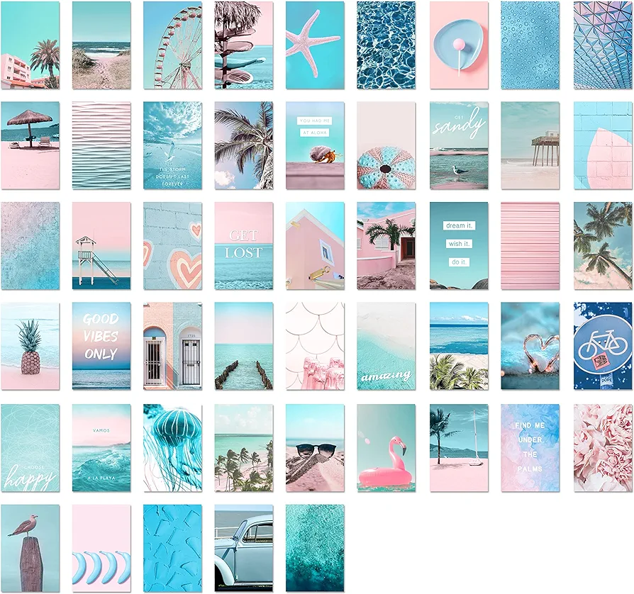 GSM Brands Wall Collage Kit Blue and Pink Aesthetic Pictures Set of 50 4x6 inch Individual Photos for Teen College Dorm Room