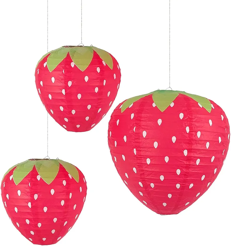 3Pcs Large Size Strawberry Party Decorations Fruit Themed Party Decor Strawberry Birthday Decorations for Girl Hungry Caterpillar Party Supplies Nursery Paper Lantern Hanging Ornament