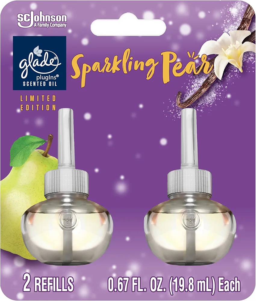 Glade PlugIns Refills Air Freshener, Scented and Essential Oils for Home and Bathroom, Sparkling Pear, Limited Edition Scent, 1.34 Fl Oz, 2 Count