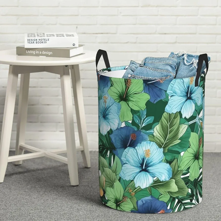 Large Laundry Basket Green and Blue Hibiscus Flowers Laundry Hamper Dirty Clothes Hamper for Laundry Collapsible Waterproof Laundry Baskets Decor Basket for Bedroom Living Room