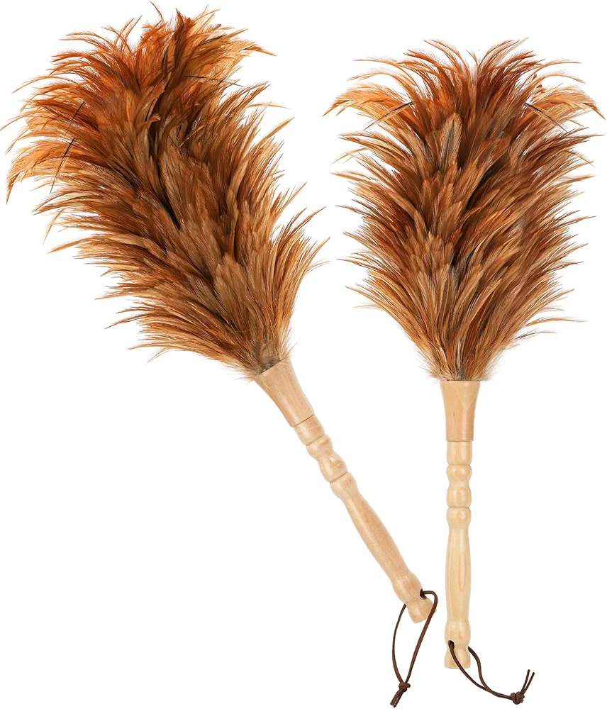 Coloch 2 Pack Feather Duster with Wood Handle, Natural Rooster Fluffy Feather Duster Reusable Handmade Cleaning Dusters for Home, Living Room, Office, Car Cleaning, Brown