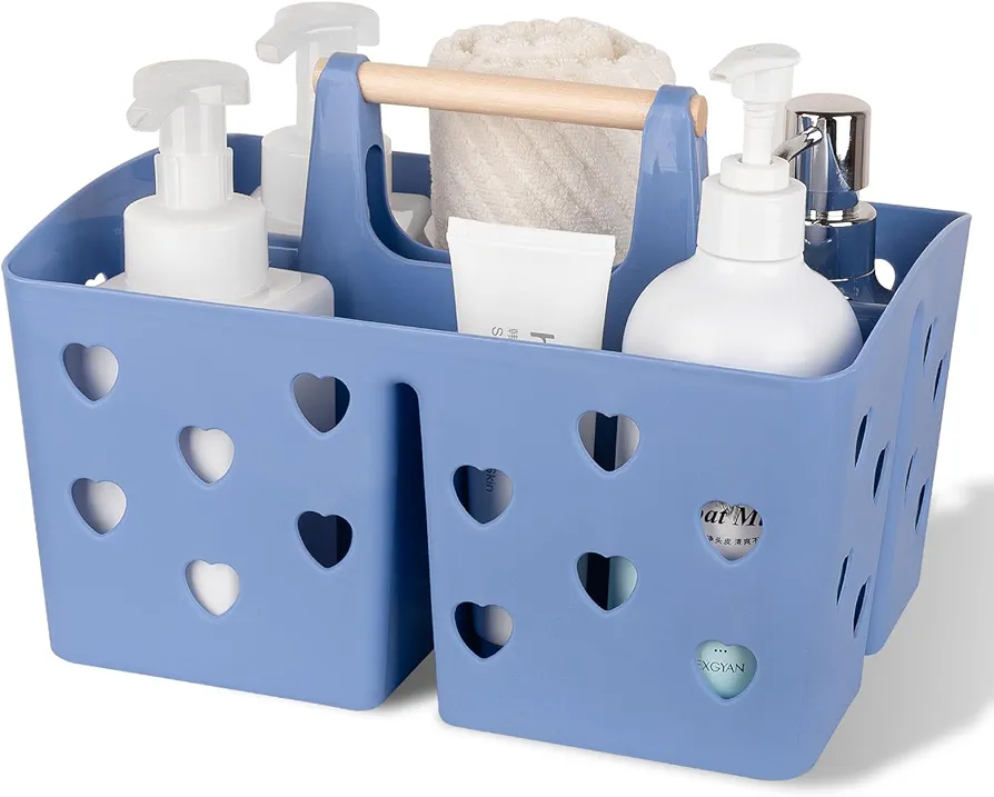 Anyoifax Portable Shower Caddy Plastic Basket with Wood Handle Divided Shower Tote Storage Organizer with Compartments for Bathroom, College Dorm, Kitchen, Bedroom - Dark Blue