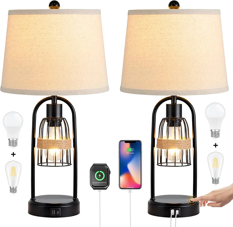 AKASUKI 23.5 Inch Matt Black Metal Farmhouse Table Lamp for Living Room Set of 2, 3 Way Dimmable Touch Control Rustic Bedside Lamps for Bedroom with USB Type C Port (Included 4 LED Bulbs)