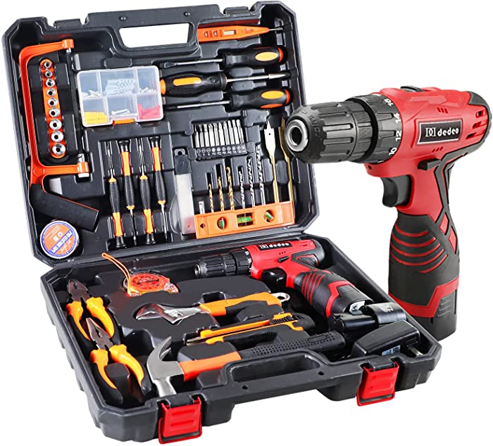 DD dedeo Tool Set with Drill, 108Pcs Cordless Drill Household Power Tools Set with 16.8V Lithium Driver Claw Hammer Wrenches Pliers DIY Accessories Tool Kit