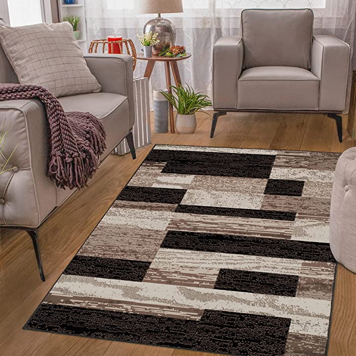 Superior Rockwood Modern Geometric Patchwork Polypropylene Indoor Area Rug with Jute Backing, 5' x 8', Chocolate