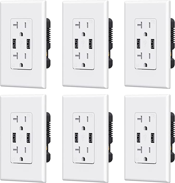 ELEGRP USB Charger Wall Outlet, Dual High Speed 4.0 Amp USB Ports with Smart Chip, 20 Amp Duplex Tamper Resistant Receptacle Plug, Wall Plate Included, UL Listed (6 Pack, Glossy White)