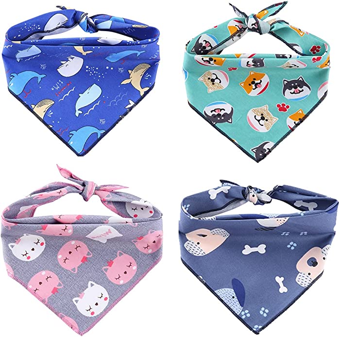 Dog Bandanas 4 Pack Pet Scarf Triangle Bibs Kerchief Scarf for Small Medium Large Dogs Cats Pets,Cartoon Animal Printing,Washable Adjustable,Birthday Gift