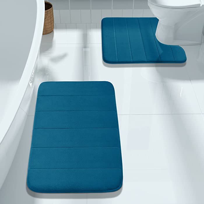 Yimobra Memory Foam Bath Mat Set, 2 Piece Soft Bathroom Rugs,17x24 and 24x20.4 U-Shaped Bathroom Rugs, Toilet Mat, Water Absorption, Non Slip, Thick, Dry Fast for Bathroom Floor Mats, Peacock Blue