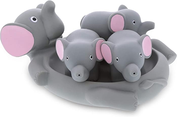 DolliBu Elephant Family Animal Bath Squirters 4 Piece Bath Toy Set, Children Bath Toys for Bathtime & Water Fun, Girls & Boys Floating Rubber Squirt Toys, Pool Toys for Kids - Gray Elephant